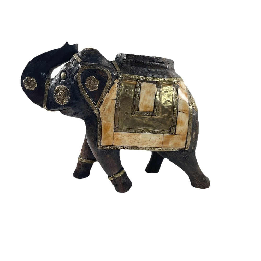 Pier 1 Carved Wooden Elephant Figurine Brass Bovine Bone Inlay Trunk Up India